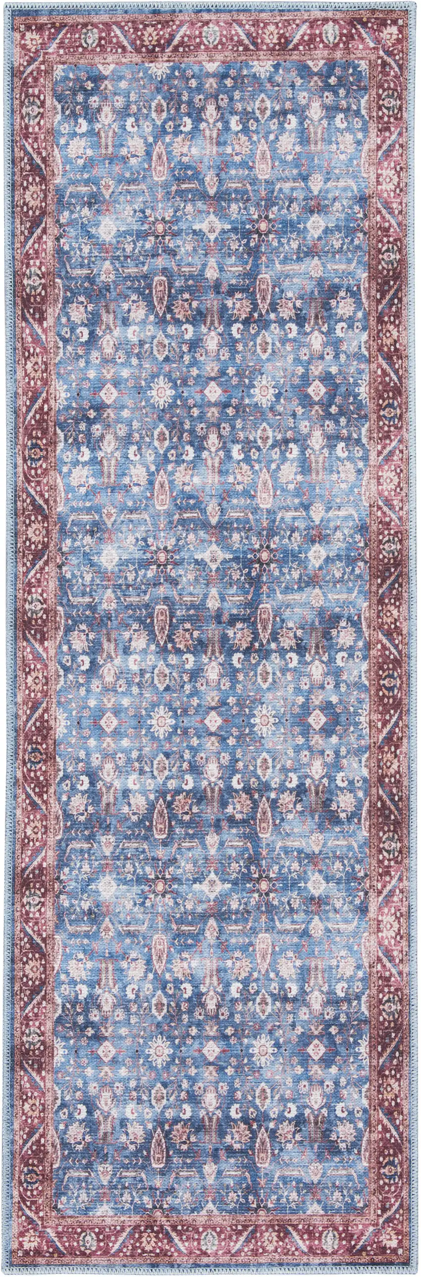 6' Blue and Red Oriental Power Loom Distressed Washable Non Skid Runner Rug Photo 1