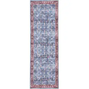 Photo of 6' Blue and Red Oriental Power Loom Distressed Washable Non Skid Runner Rug