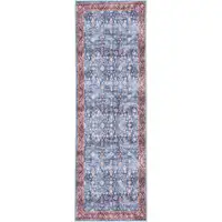 Photo of 6' Blue and Red Oriental Power Loom Distressed Washable Non Skid Runner Rug