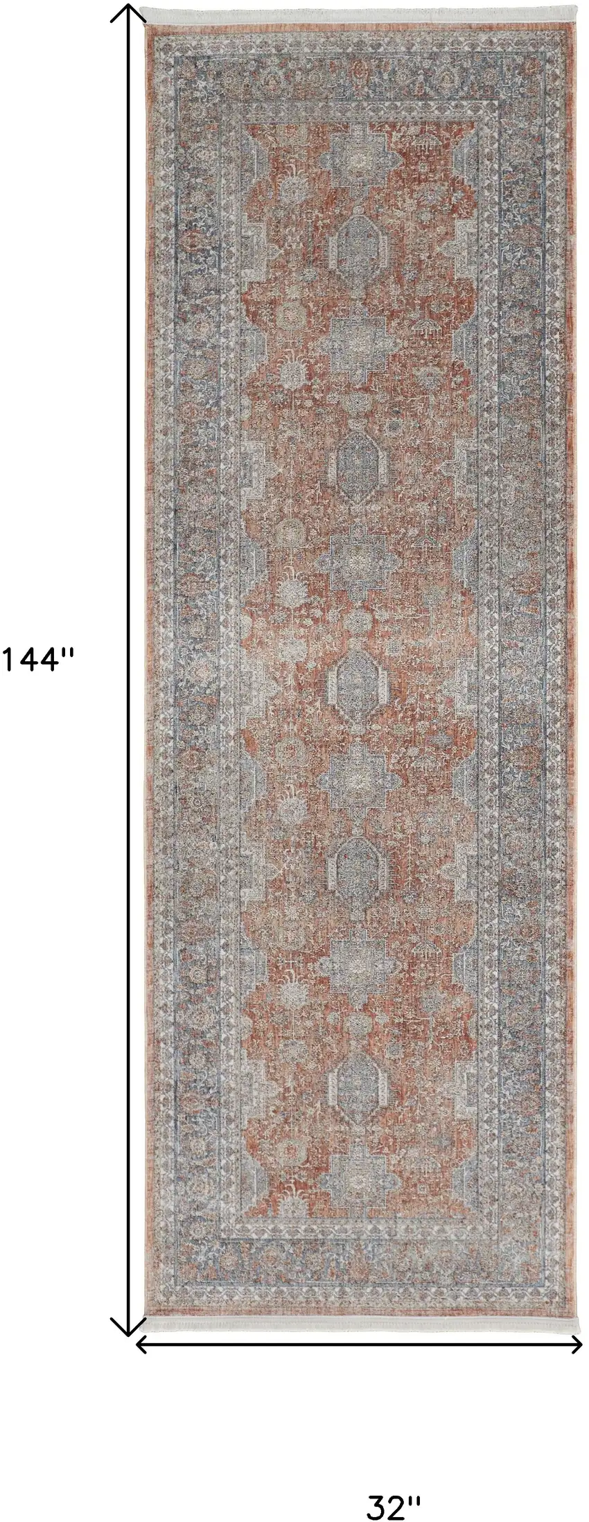 12' Blue and Red Oriental Power Loom Worn Faded Runner Rug With Fringe Photo 3