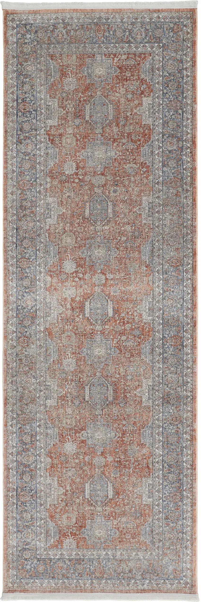 12' Blue and Red Oriental Power Loom Worn Faded Runner Rug With Fringe Photo 2