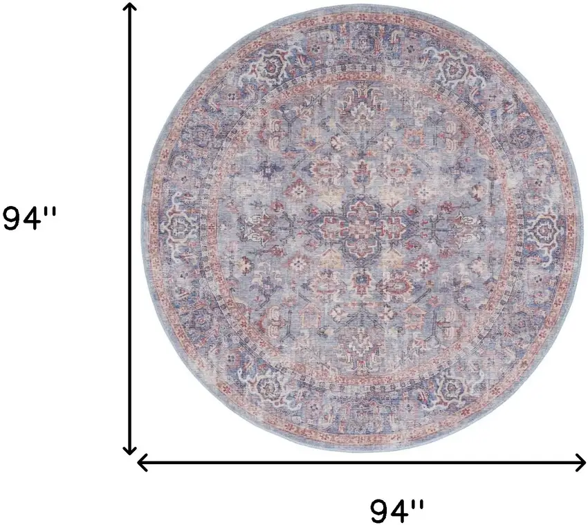 8' Blue and Red Round Floral Power Loom Distressed Area Rug Photo 3