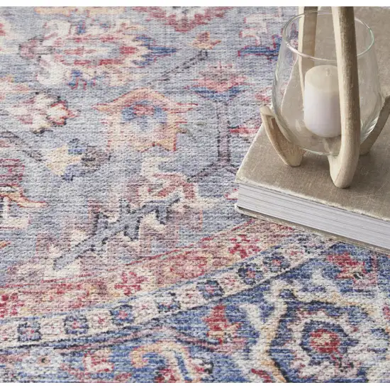 8' Blue and Red Round Floral Power Loom Distressed Area Rug Photo 8