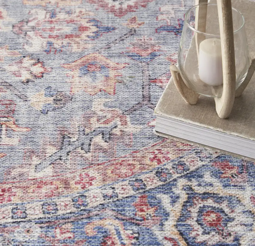 8' Blue and Red Round Floral Power Loom Distressed Area Rug Photo 8