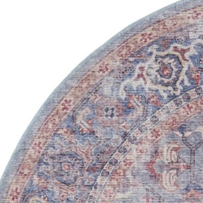 8' Blue and Red Round Floral Power Loom Distressed Area Rug Photo 4
