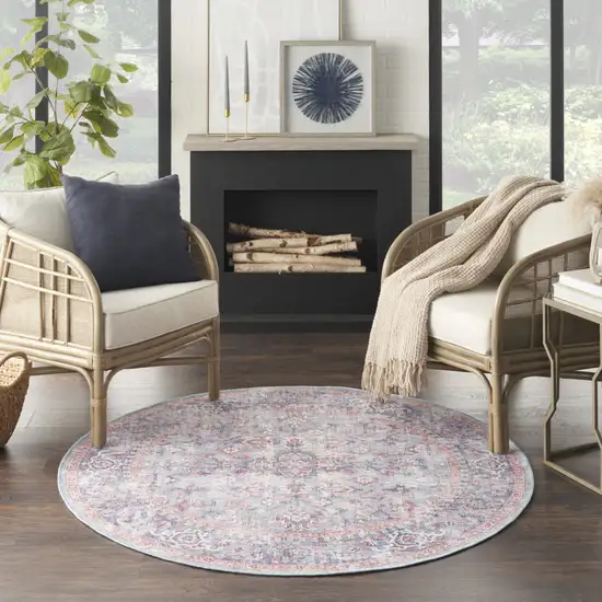 8' Blue and Red Round Floral Power Loom Distressed Area Rug Photo 6