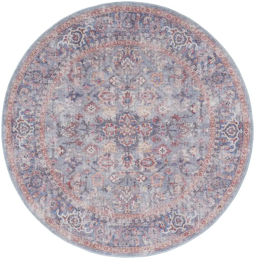 8' Blue and Red Round Floral Power Loom Distressed Area Rug Photo 2