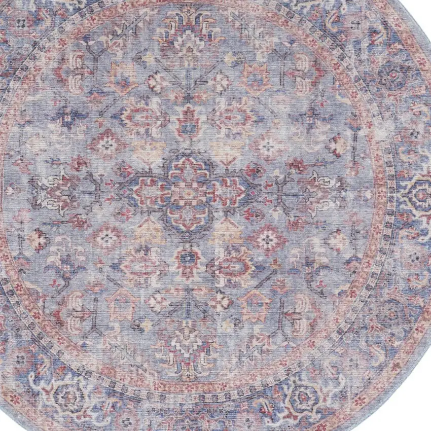8' Blue and Red Round Floral Power Loom Distressed Area Rug Photo 7