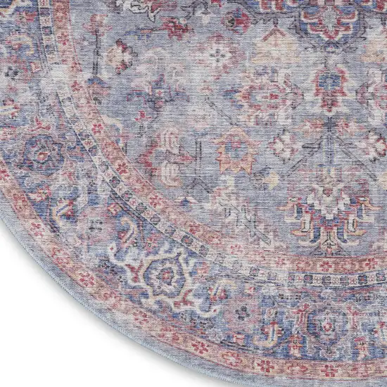 8' Blue and Red Round Floral Power Loom Distressed Area Rug Photo 9