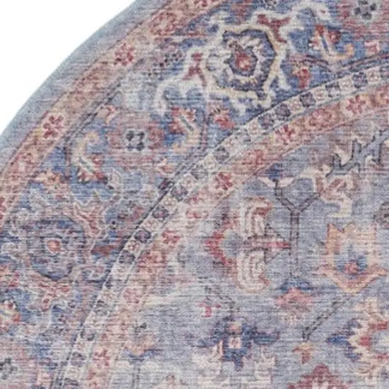 8' Blue and Red Round Floral Power Loom Distressed Area Rug Photo 7