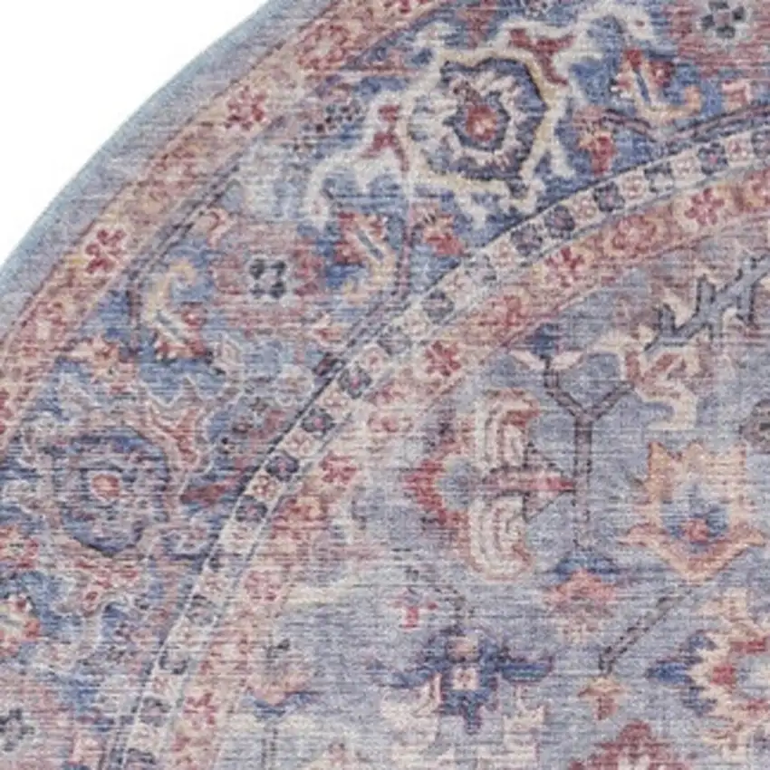 8' Blue and Red Round Floral Power Loom Distressed Area Rug Photo 7