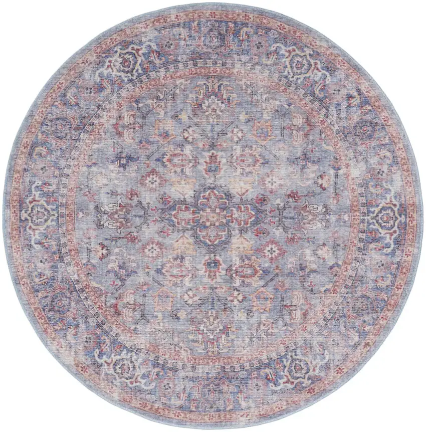 8' Blue and Red Round Floral Power Loom Distressed Area Rug Photo 1
