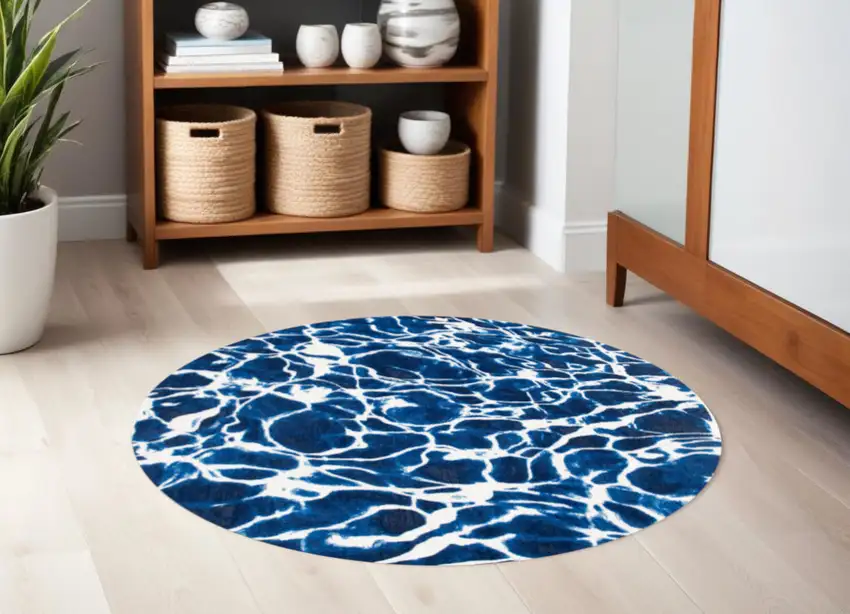 5' Blue and White Round Abstract Non Skid Area Rug Photo 1