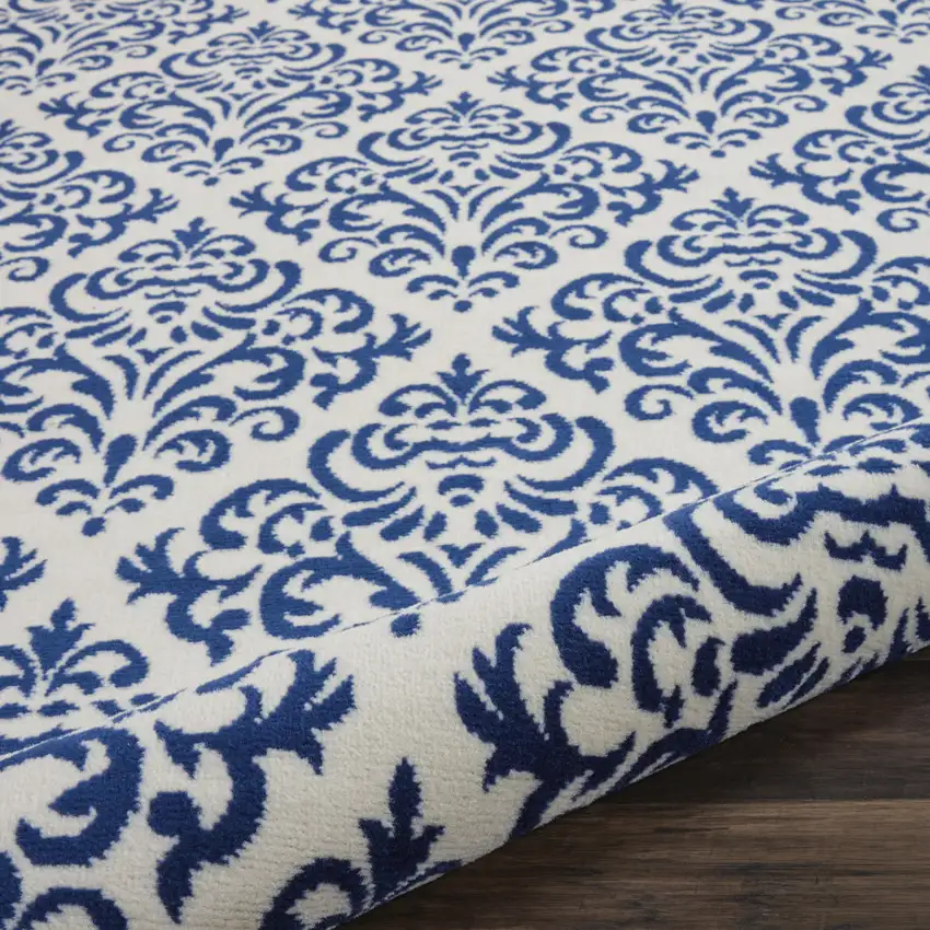 8' Blue and White Round Damask Power Loom Area Rug Photo 9