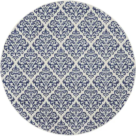 8' Blue and White Round Damask Power Loom Area Rug Photo 4