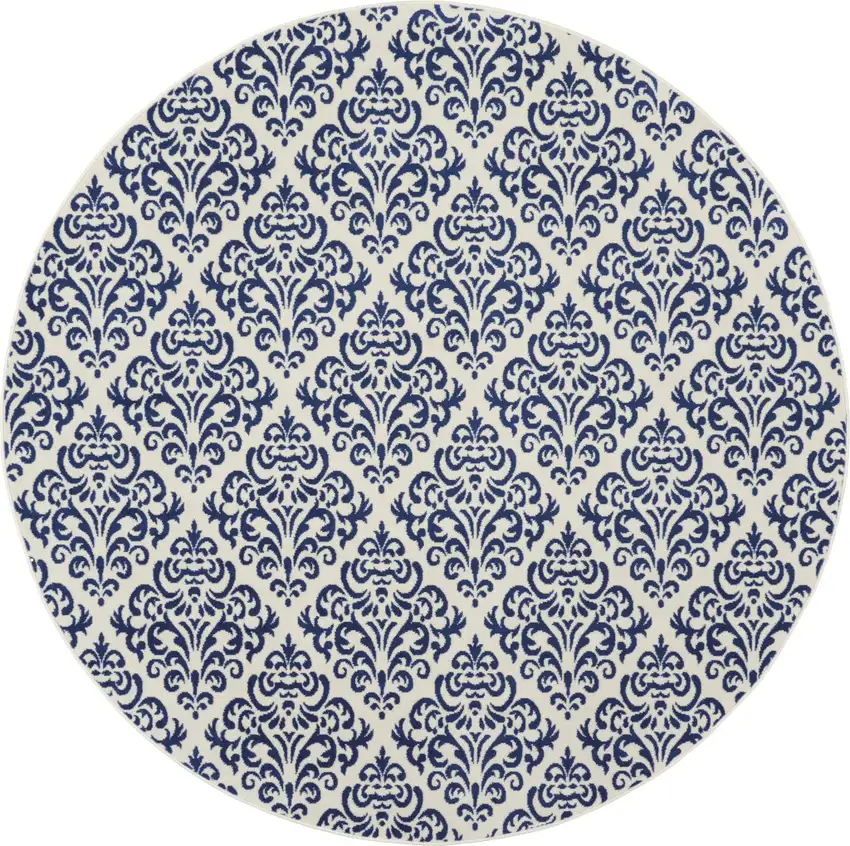 8' Blue and White Round Damask Power Loom Area Rug Photo 4