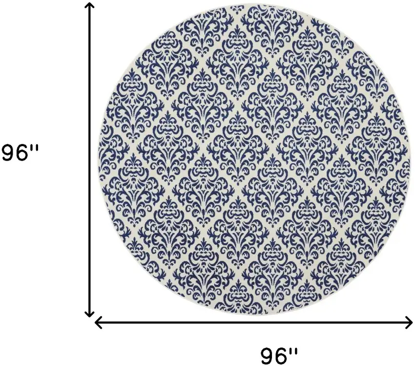 8' Blue and White Round Damask Power Loom Area Rug Photo 3