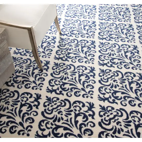 8' Blue and White Round Damask Power Loom Area Rug Photo 6