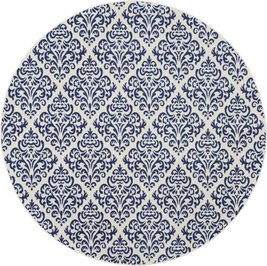 8' Blue and White Round Damask Power Loom Area Rug Photo 2