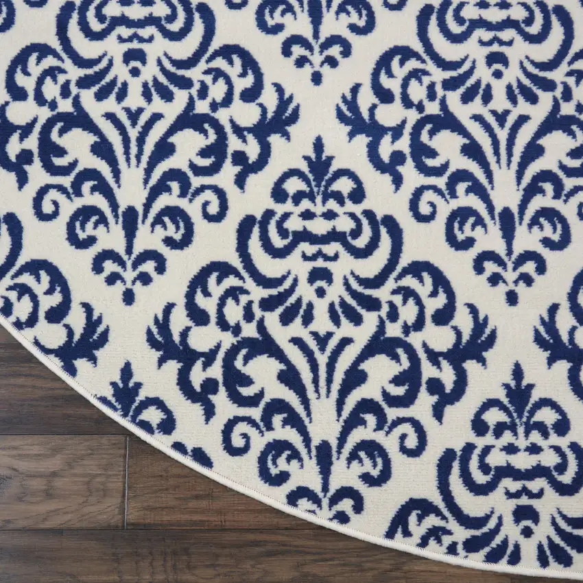 8' Blue and White Round Damask Power Loom Area Rug Photo 9