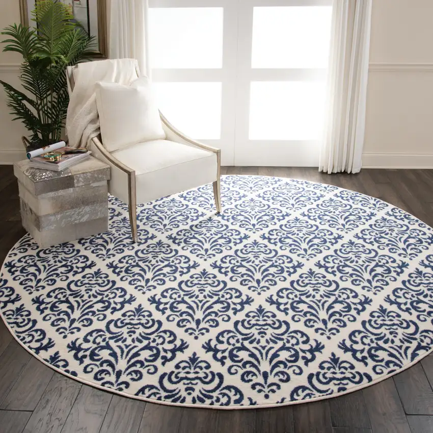 8' Blue and White Round Damask Power Loom Area Rug Photo 5
