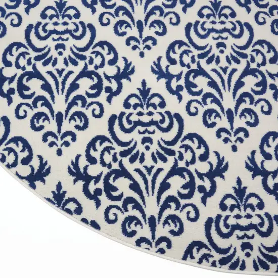 8' Blue and White Round Damask Power Loom Area Rug Photo 7