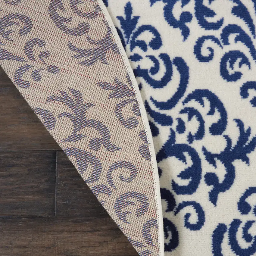 8' Blue and White Round Damask Power Loom Area Rug Photo 8