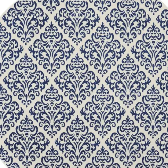 8' Blue and White Round Damask Power Loom Area Rug Photo 3