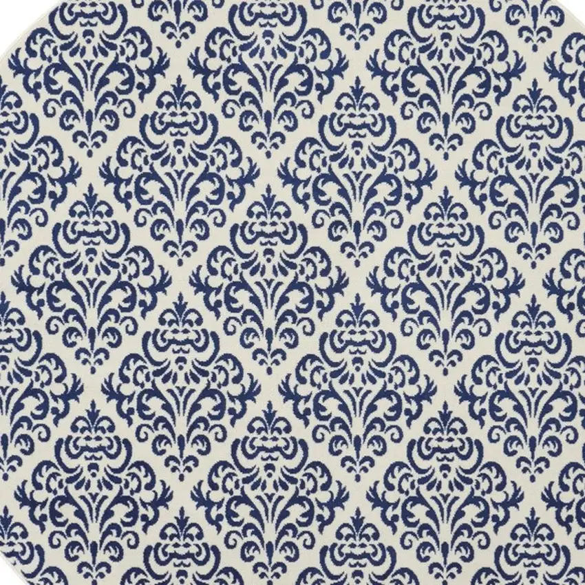 8' Blue and White Round Damask Power Loom Area Rug Photo 3