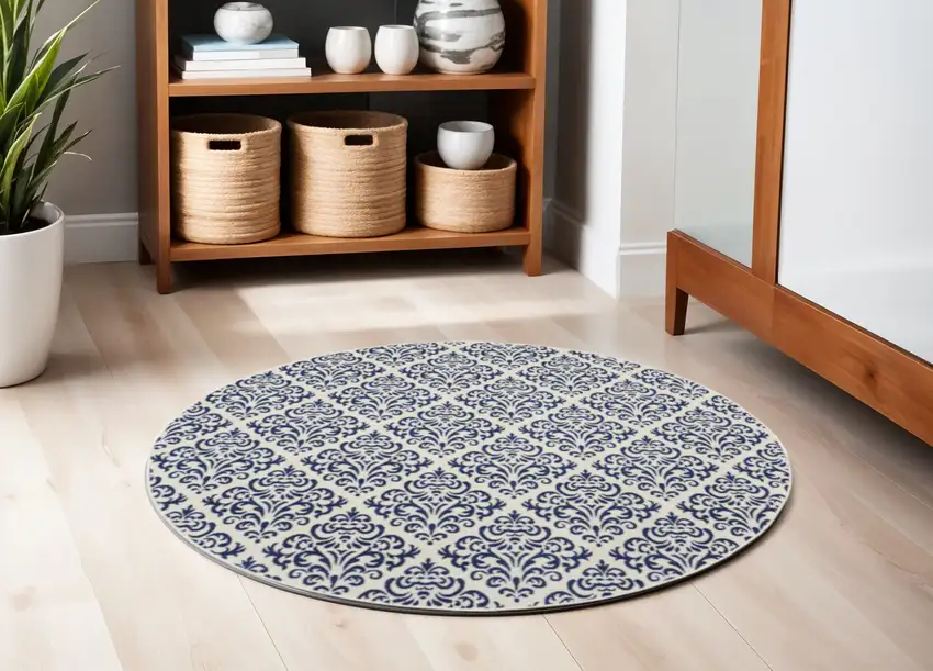 5' Blue and White Round Damask Power Loom Area Rug Photo 1