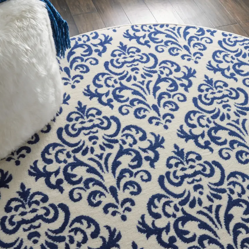 5' Blue and White Round Damask Power Loom Area Rug Photo 8