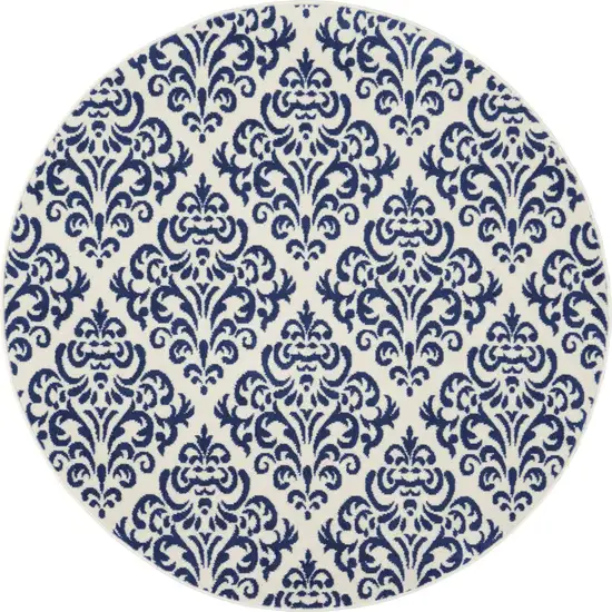 5' Blue and White Round Damask Power Loom Area Rug Photo 4