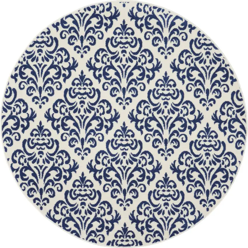 5' Blue and White Round Damask Power Loom Area Rug Photo 4