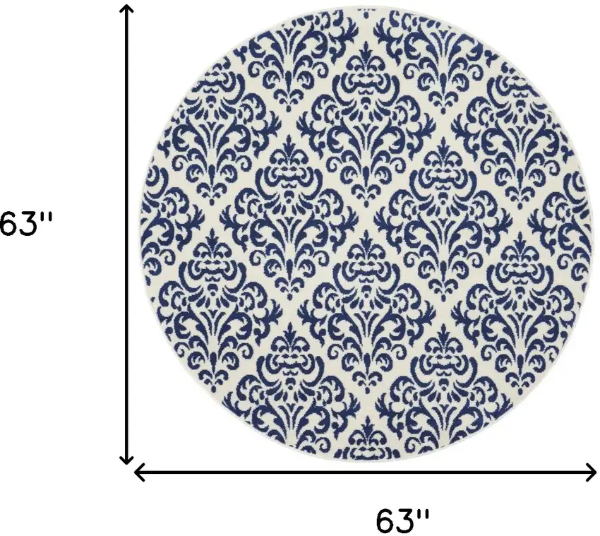 5' Blue and White Round Damask Power Loom Area Rug Photo 3
