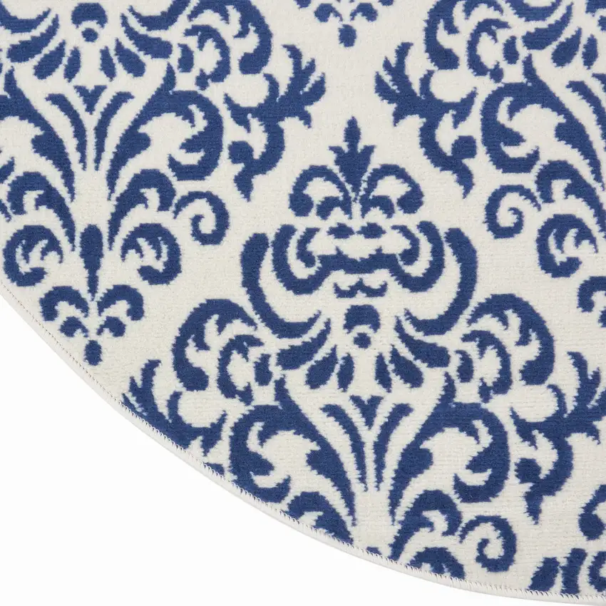 5' Blue and White Round Damask Power Loom Area Rug Photo 9