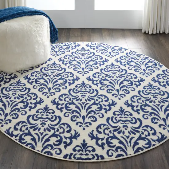 5' Blue and White Round Damask Power Loom Area Rug Photo 5