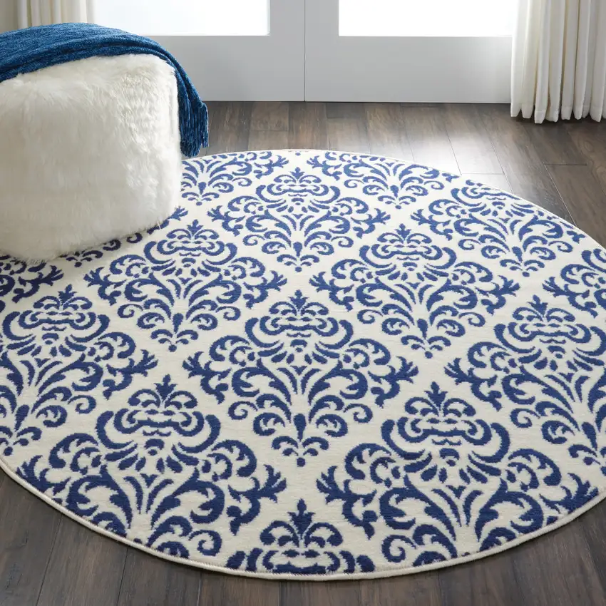 5' Blue and White Round Damask Power Loom Area Rug Photo 5