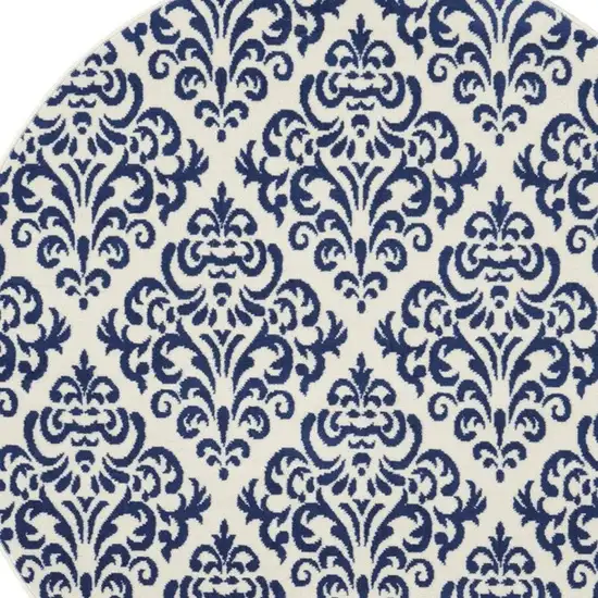 5' Blue and White Round Damask Power Loom Area Rug Photo 3