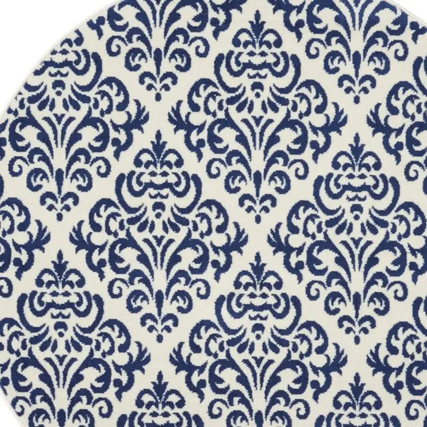 5' Blue and White Round Damask Power Loom Area Rug Photo 3