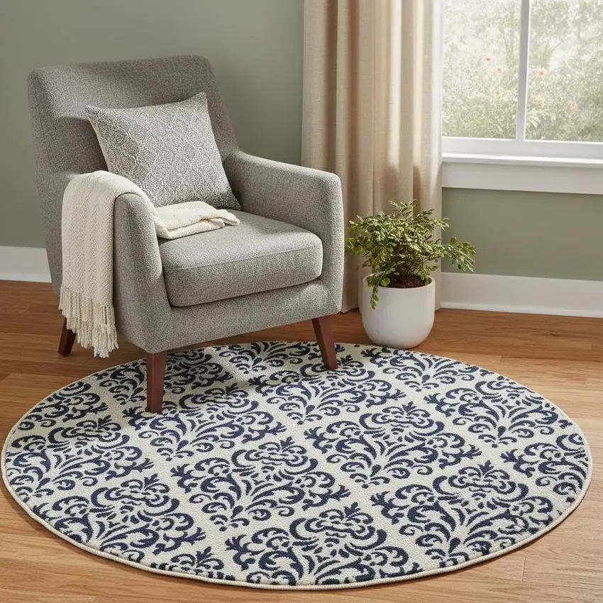 5' Blue and White Round Damask Power Loom Area Rug Photo 1