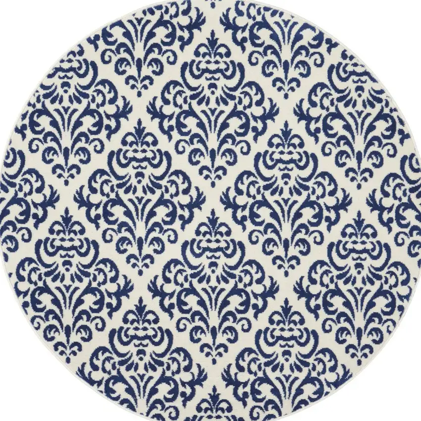 5' Blue and White Round Damask Power Loom Area Rug Photo 5