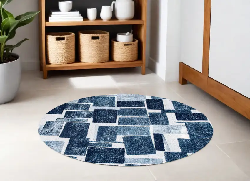 5' Blue and White Round Geometric Non Skid Area Rug Photo 1