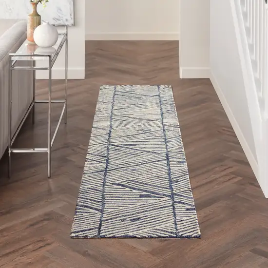 8' Blue and White Wool Abstract Runner Rug Photo 3