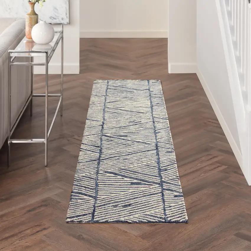 8' Blue and White Wool Abstract Runner Rug Photo 3