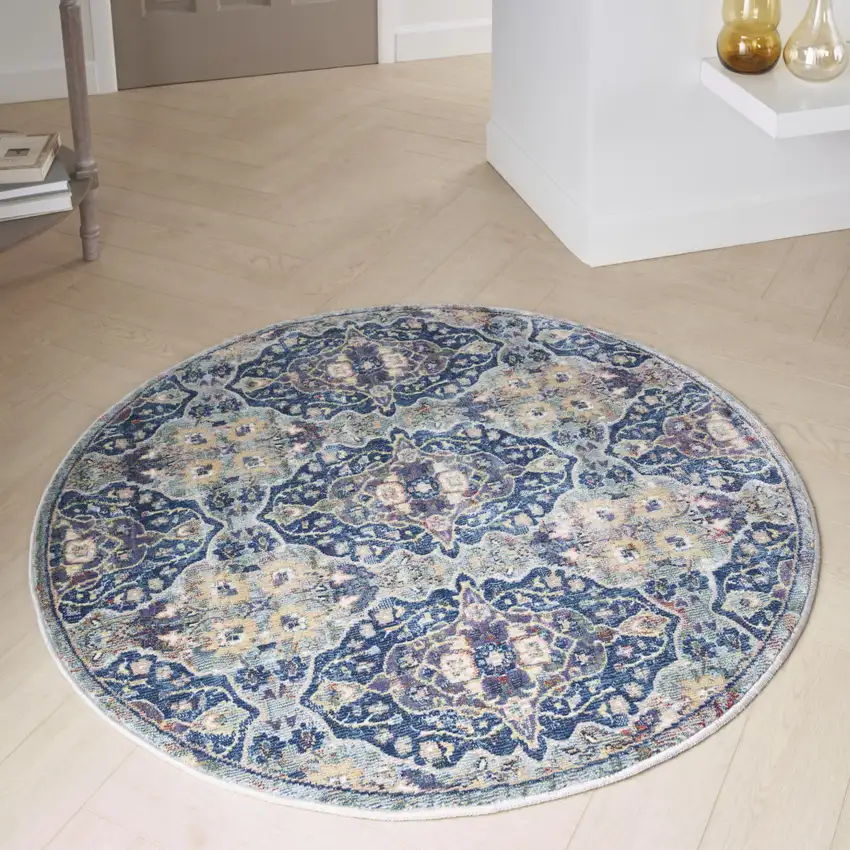4' Blue and Yellow Floral Distressed Non Skid Round Rug Photo 5