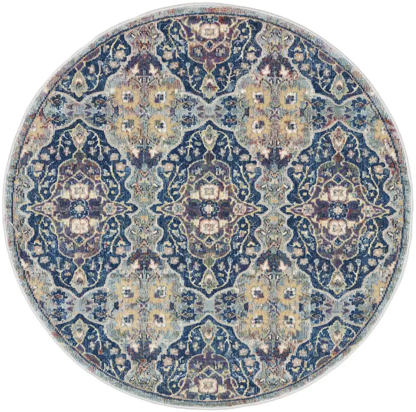 4' Blue and Yellow Floral Distressed Non Skid Round Rug Photo 4