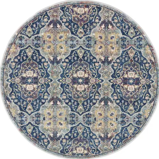 4' Blue and Yellow Floral Distressed Non Skid Round Rug Photo 7