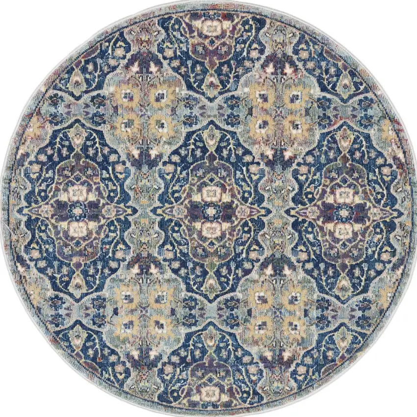 4' Blue and Yellow Floral Distressed Non Skid Round Rug Photo 7