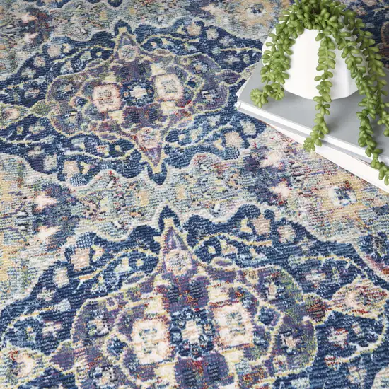 4' Blue and Yellow Floral Distressed Non Skid Round Rug Photo 9