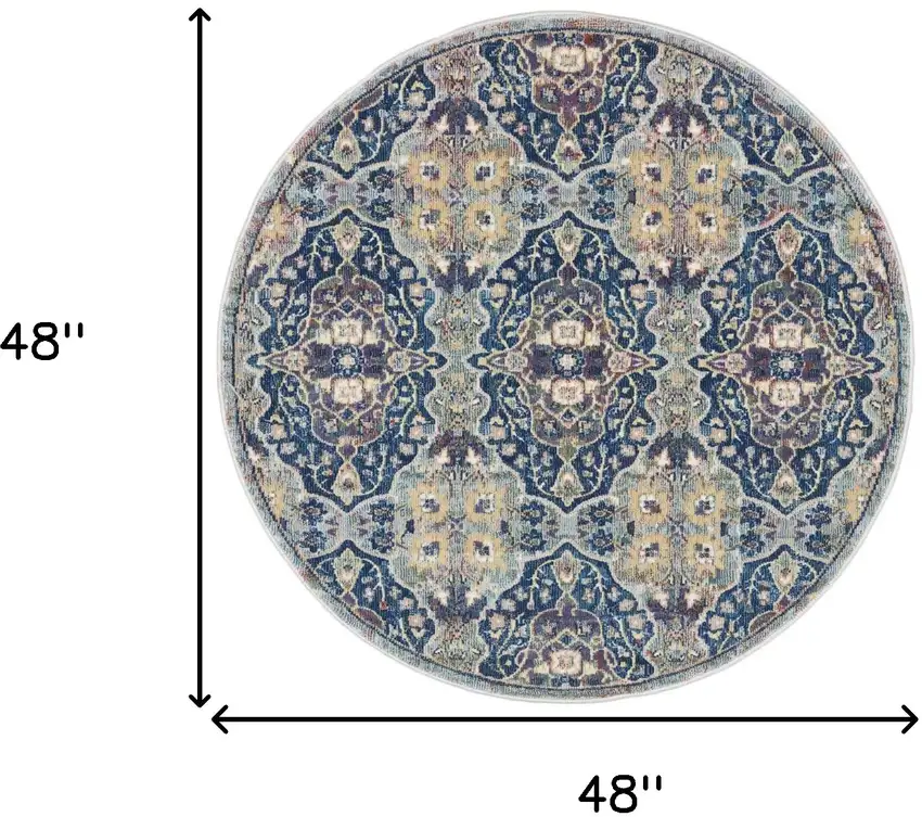 4' Blue and Yellow Floral Distressed Non Skid Round Rug Photo 3
